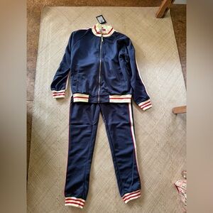Men's Gucci Knockoff Navy Tracksuit with Red and White Accents
